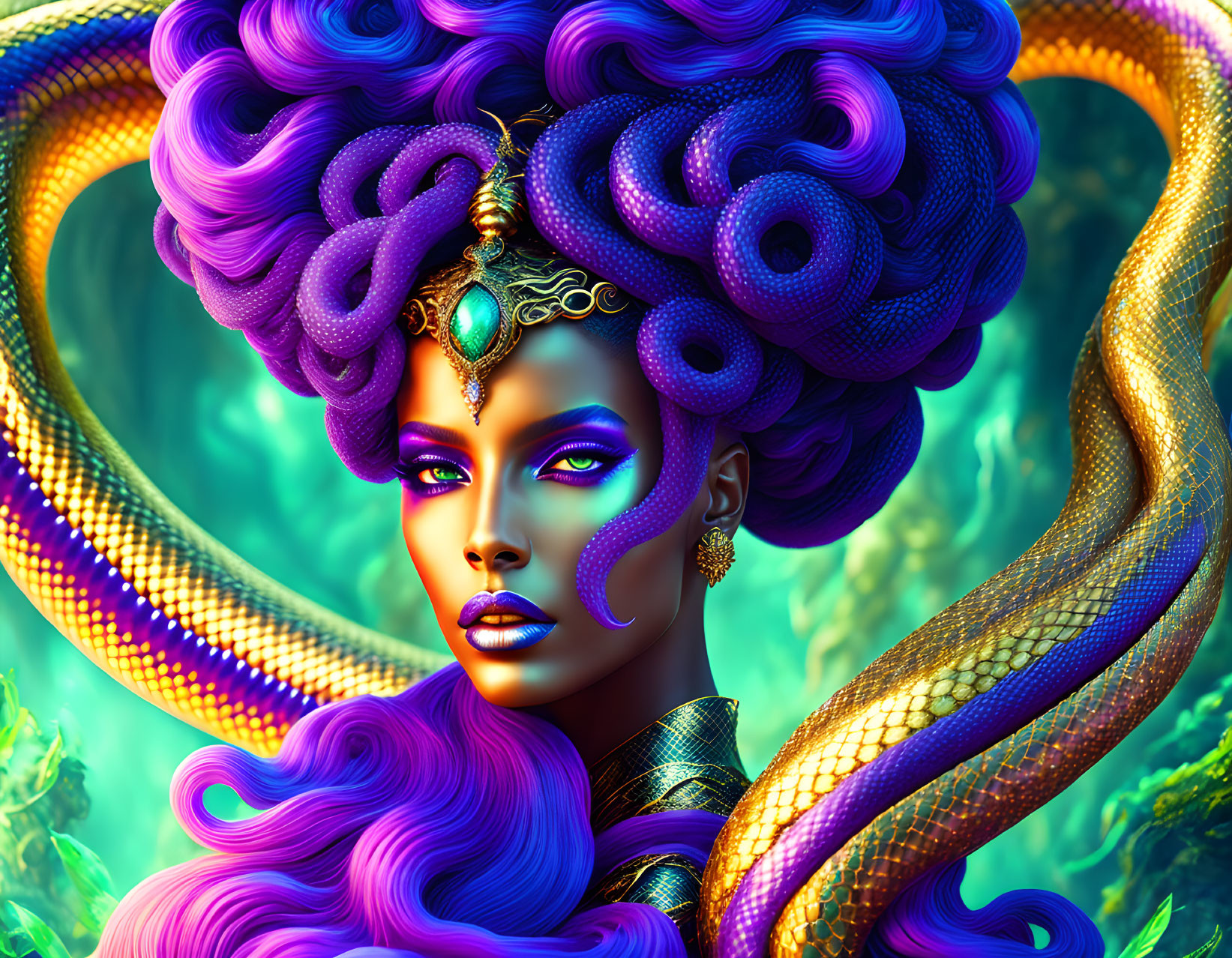 Colorful digital art featuring woman with purple hair and gold snakes on green background