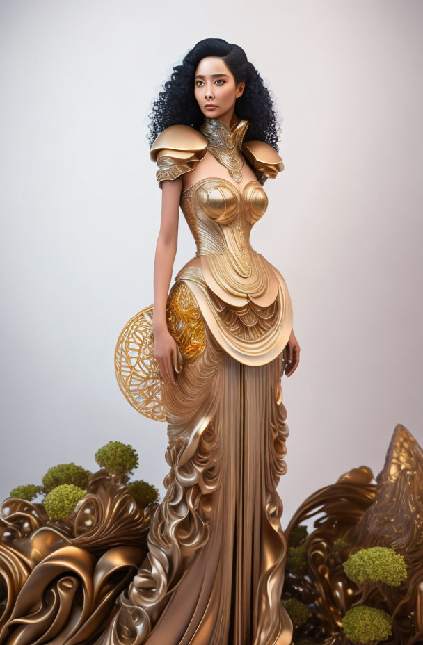 Elaborate Gold-Toned Dress with Organic Motifs