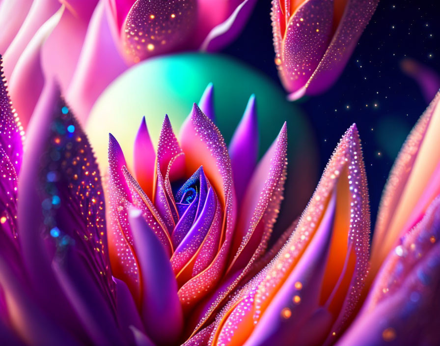 Colorful digital artwork of fantastical flower against celestial backdrop