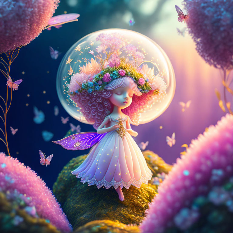 Ethereal fairy girl in floral wreath & luminescent dress in magical forest