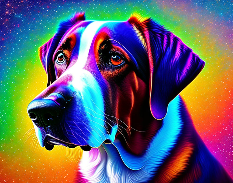 Colorful Digital Art: Dog in Neon Hues on Rainbow Starry Background