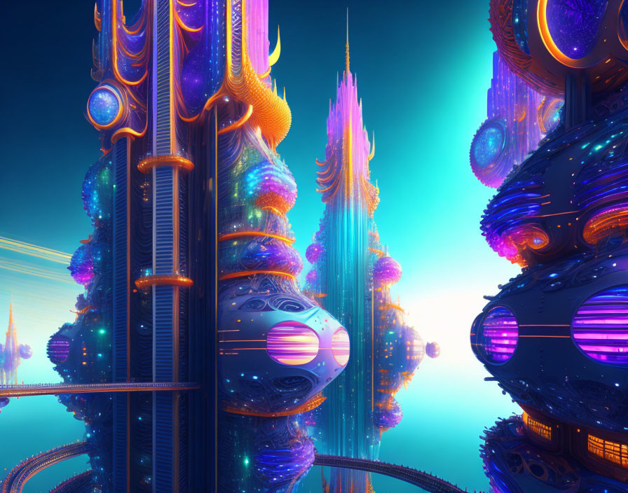 Futuristic cityscape with neon-lit spires and floating structures