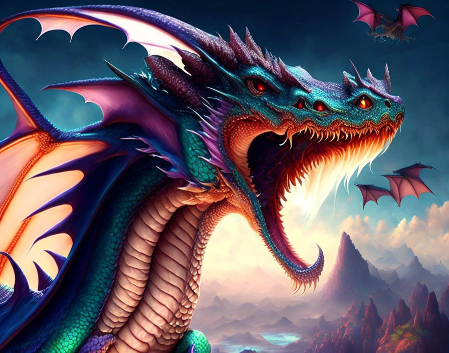 Blue and Purple Dragon with Spread Wings and Flying Smaller Dragons in Mystical Mountainous Scene