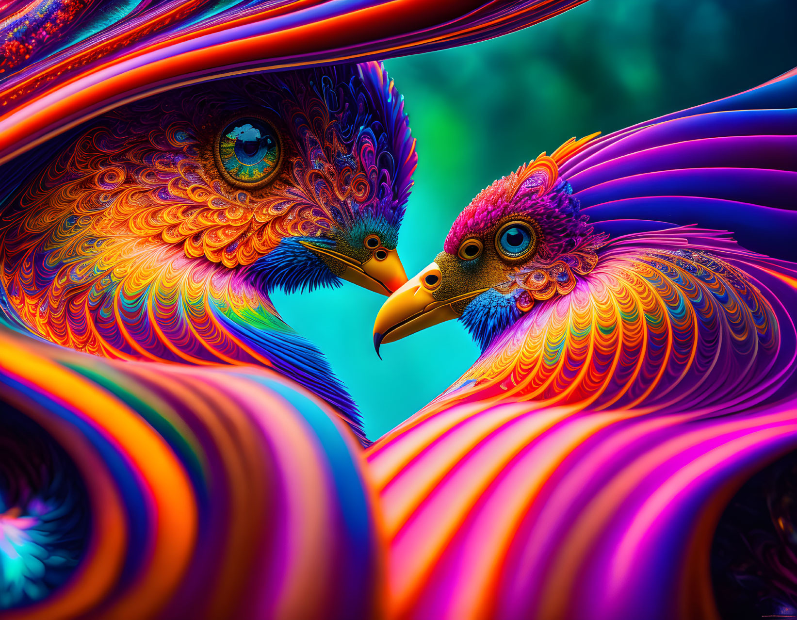 Colorful surreal illustration of stylized birds with intricate feather patterns