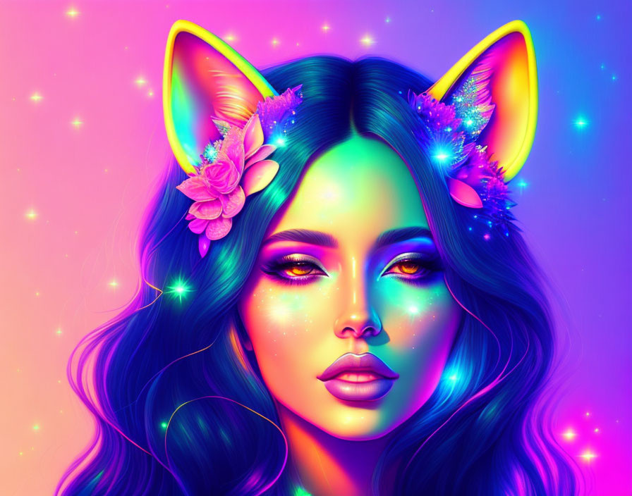 Neon-themed digital art featuring a woman with glowing cat ears and starry makeup