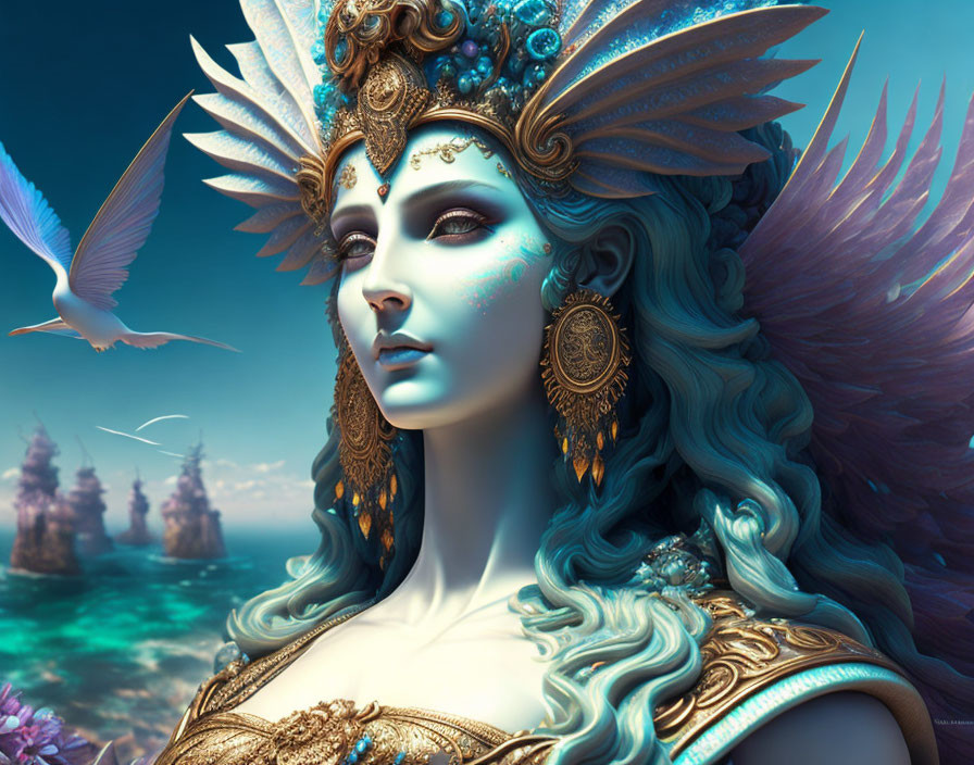 Fantasy illustration of regal female with blue skin, golden headdress, purple wings, surreal se