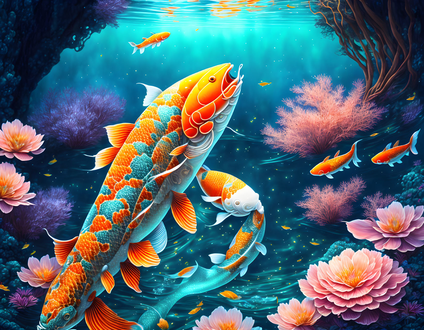 Colorful Koi Fish Swimming Among Coral and Lotus Flowers