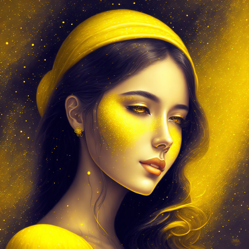 Dark-haired woman with golden glowing skin in digital portrait against starry yellow background