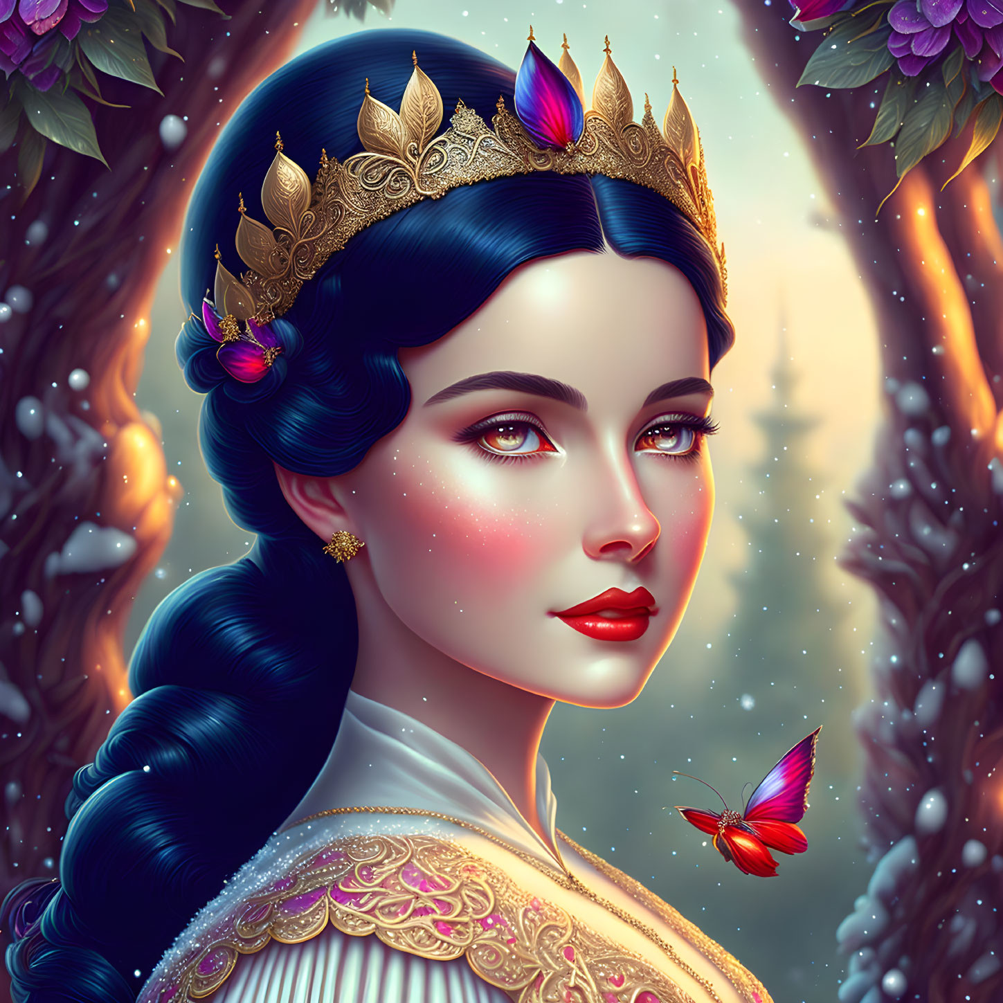 Detailed Portrait of Woman with Golden Crown and Nature Surroundings