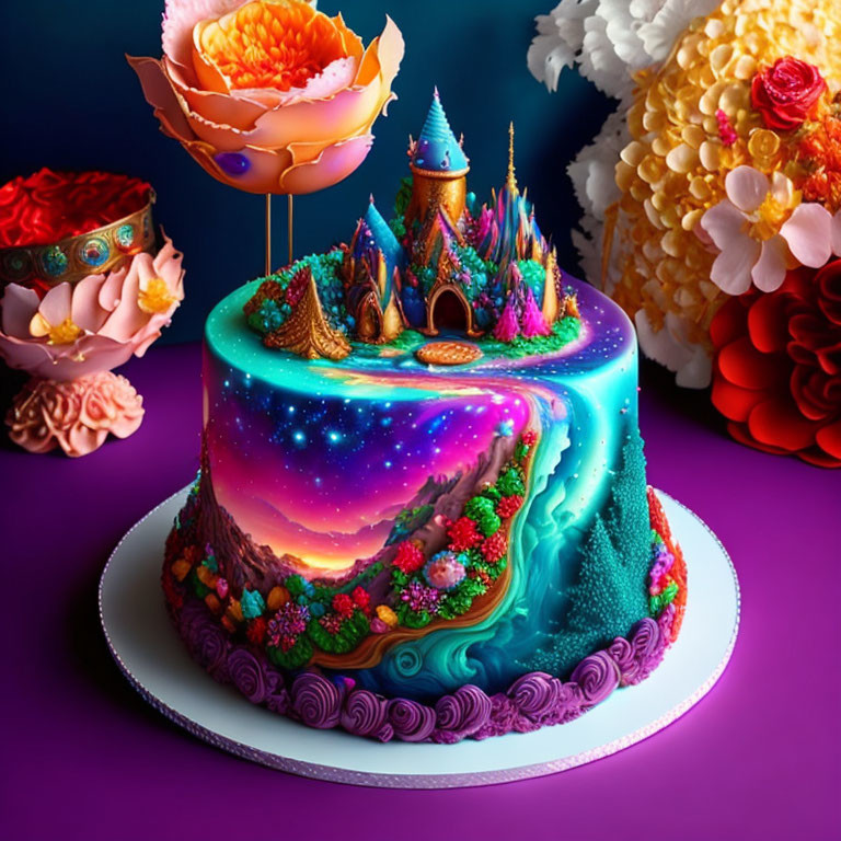 Colorful Cosmic and Floral Theme Cake with Galaxy Sky and Castle