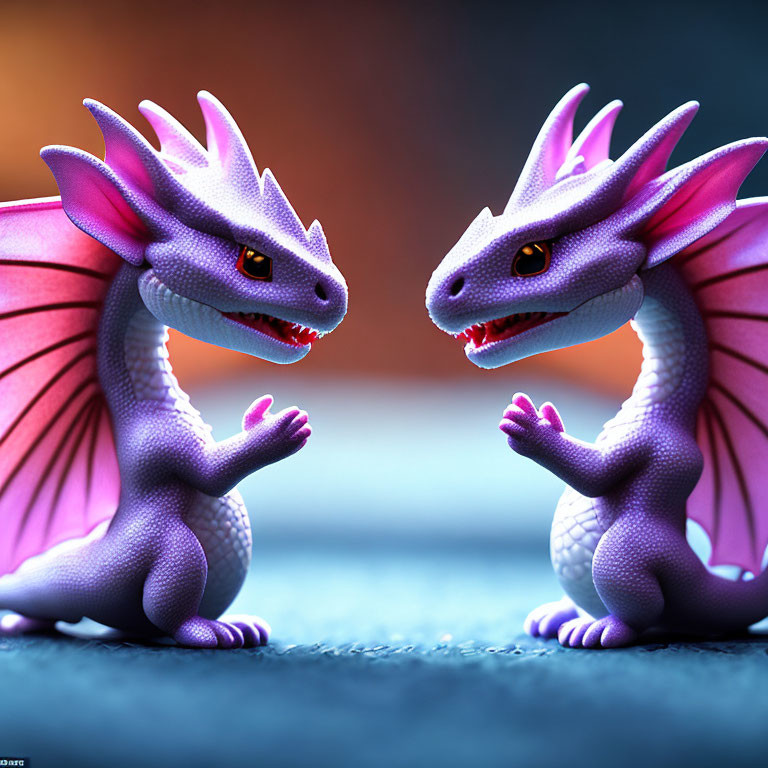 Purple and pink animated dragons in conversation on orange and blue backdrop