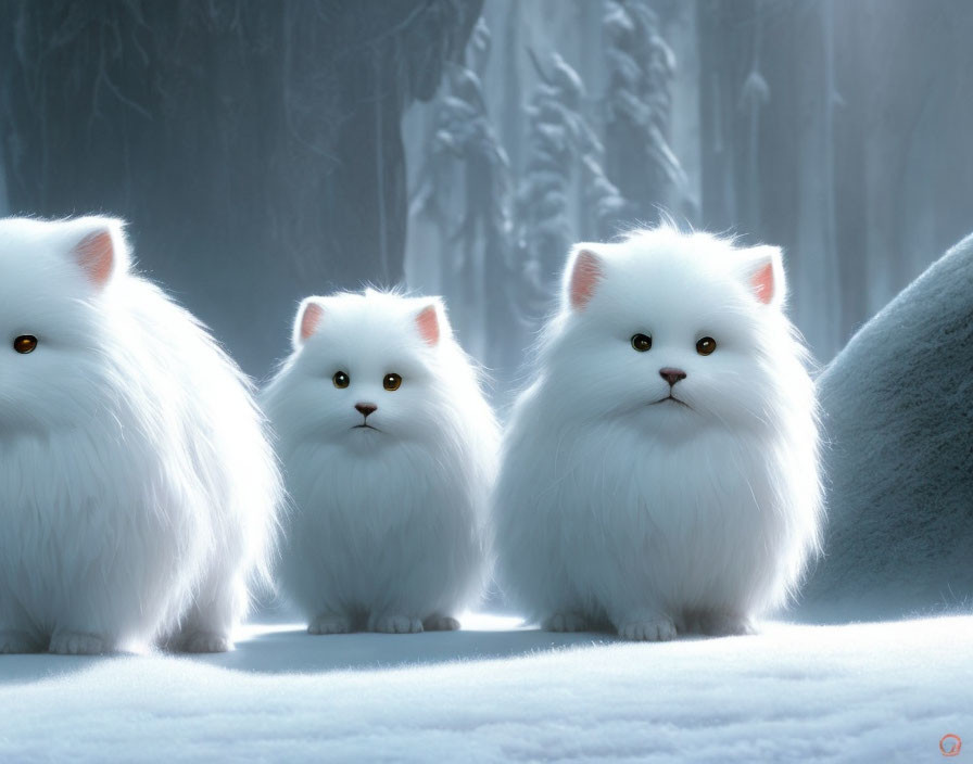 Three white fluffy fantasy creatures with feline features in snowy forest