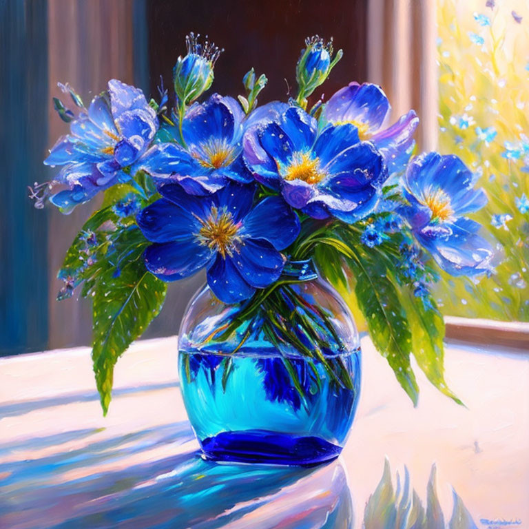 Blue flowers in glass vase under sunlight on table