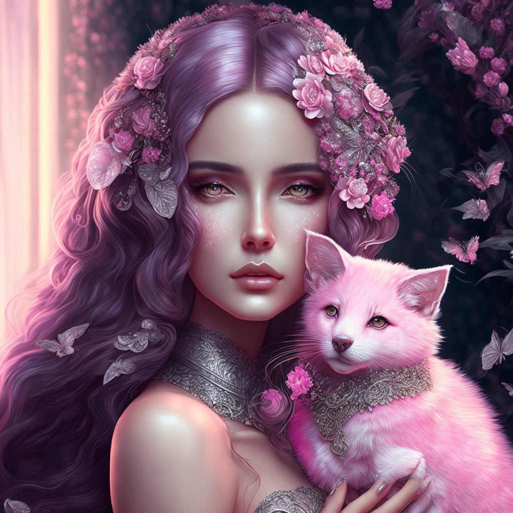 Fantasy artwork: Woman with lilac hair, flower crown, holding pink cat amid violet blooms