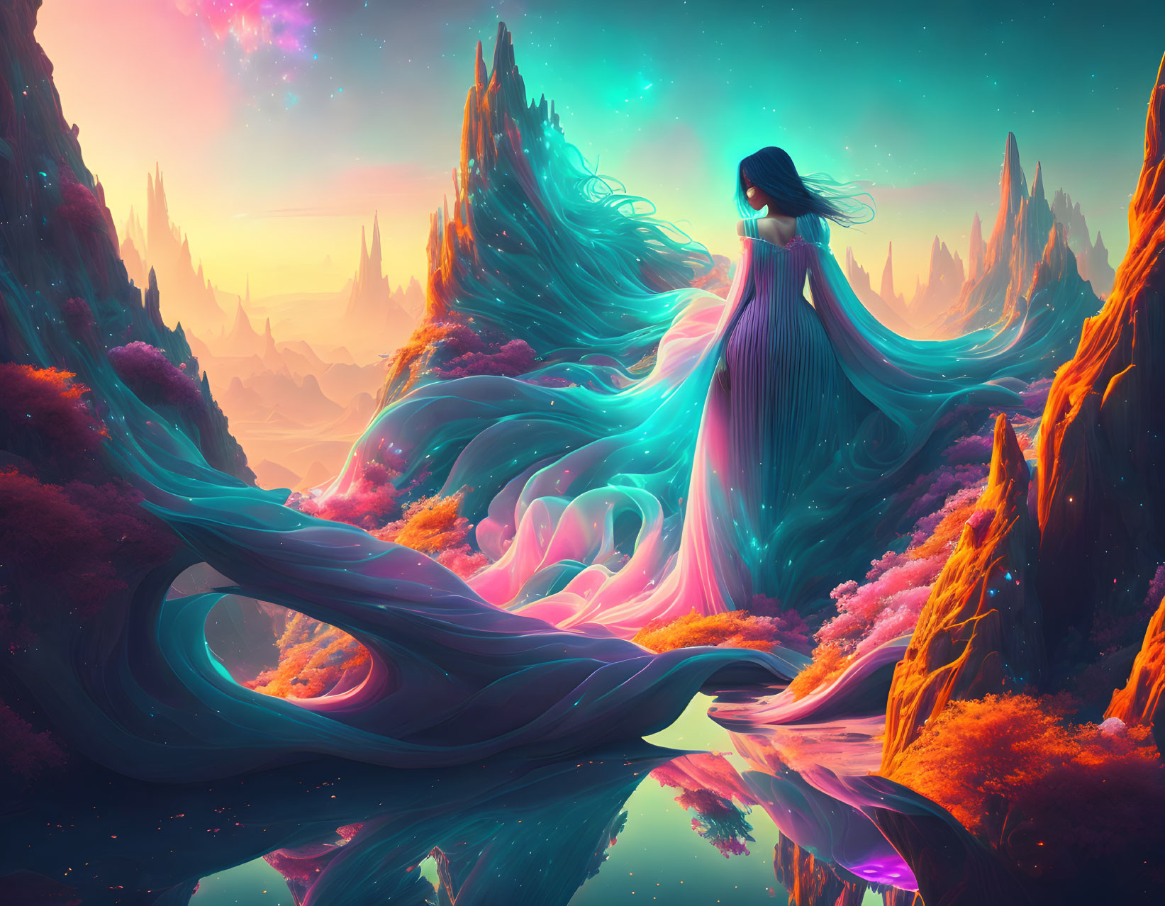 Woman in flowing gown in vibrant alien landscape with pink foliage under starry sky