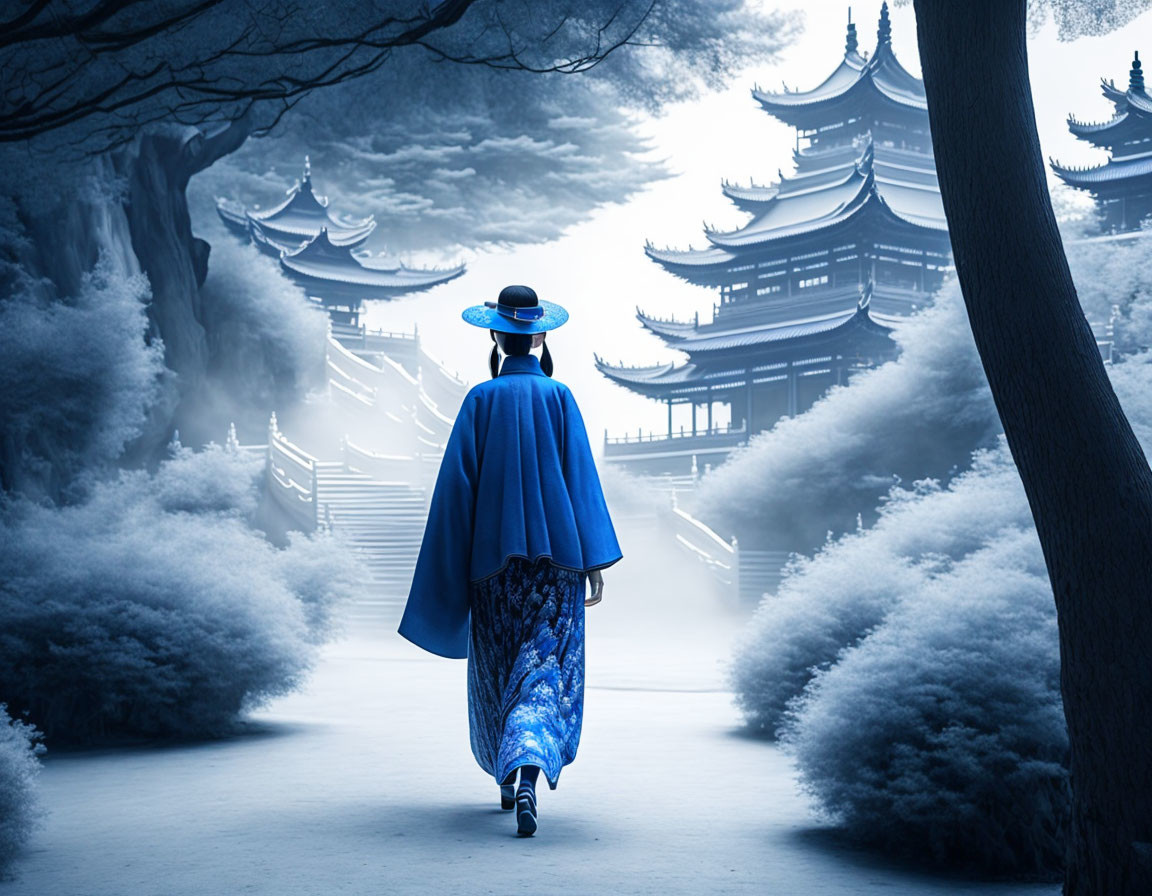 Person in Traditional East Asian Attire Walking Towards Ancient Temples