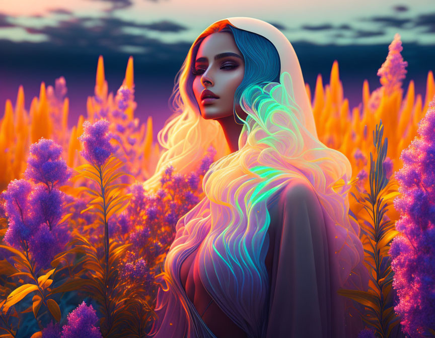 Vibrant digital art: Woman with multicolored hair in floral landscape