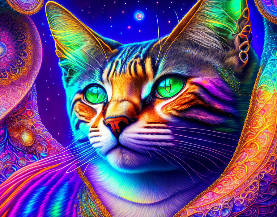 Colorful Digital Artwork: Cat with Green Eyes in Cosmic Setting