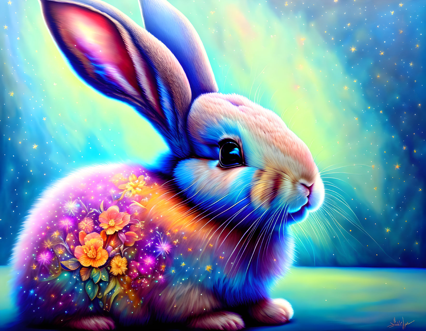 Colorful digital artwork: Rabbit with glossy eye in star-filled setting