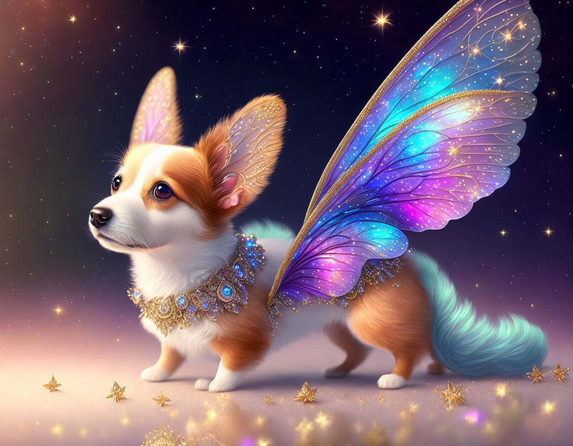 Illustration: Corgi with butterfly wings and jeweled collar in starry sky.