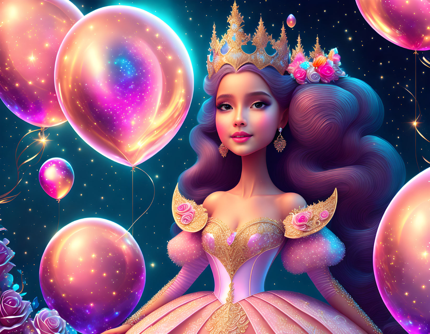 Fairy-tale princess illustration with voluminous hair, crown, pink gown, and magical star-filled