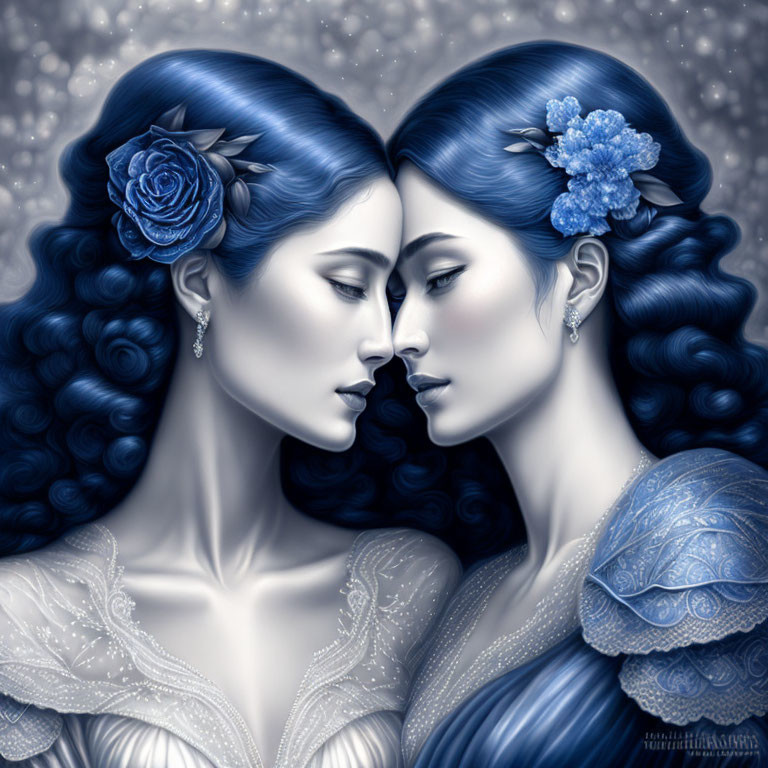 Stylized women with dark blue hair and floral adornments in a monochromatic blue palette