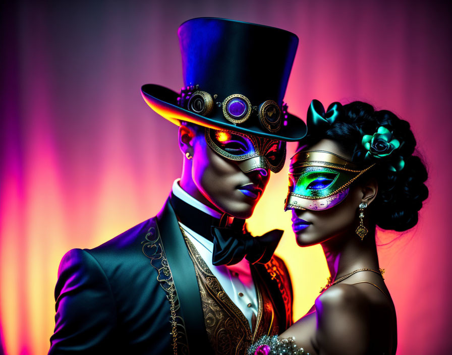 Elegant Attire and Ornate Masks Against Vibrant Backdrop