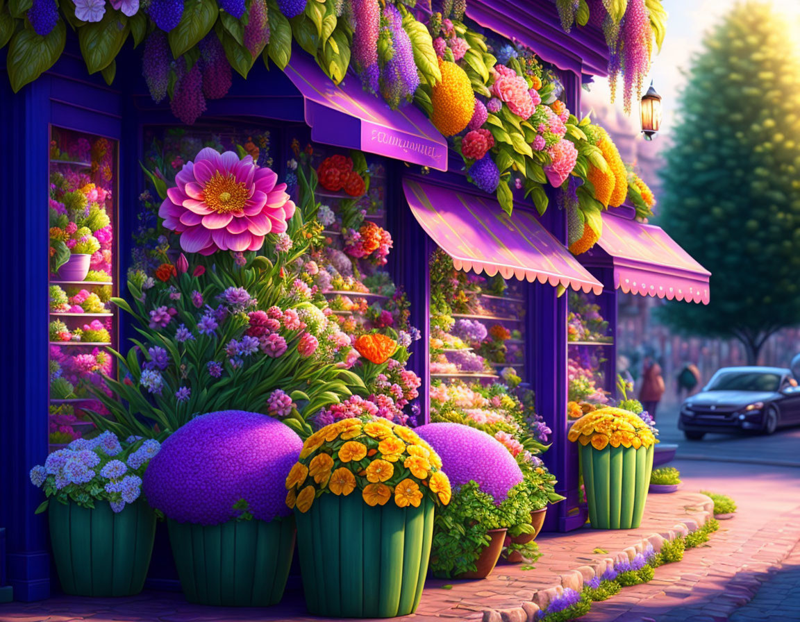 Vibrant flowers and fruit baskets in charming twilight flower shop