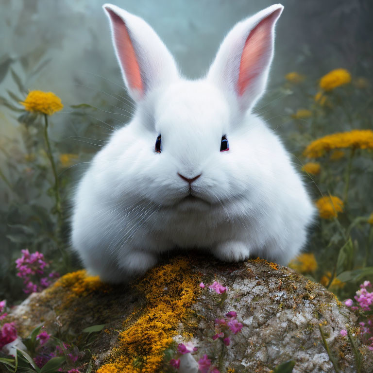 Fluffy white rabbit with purple eyes on mossy rock amidst yellow and pink flowers