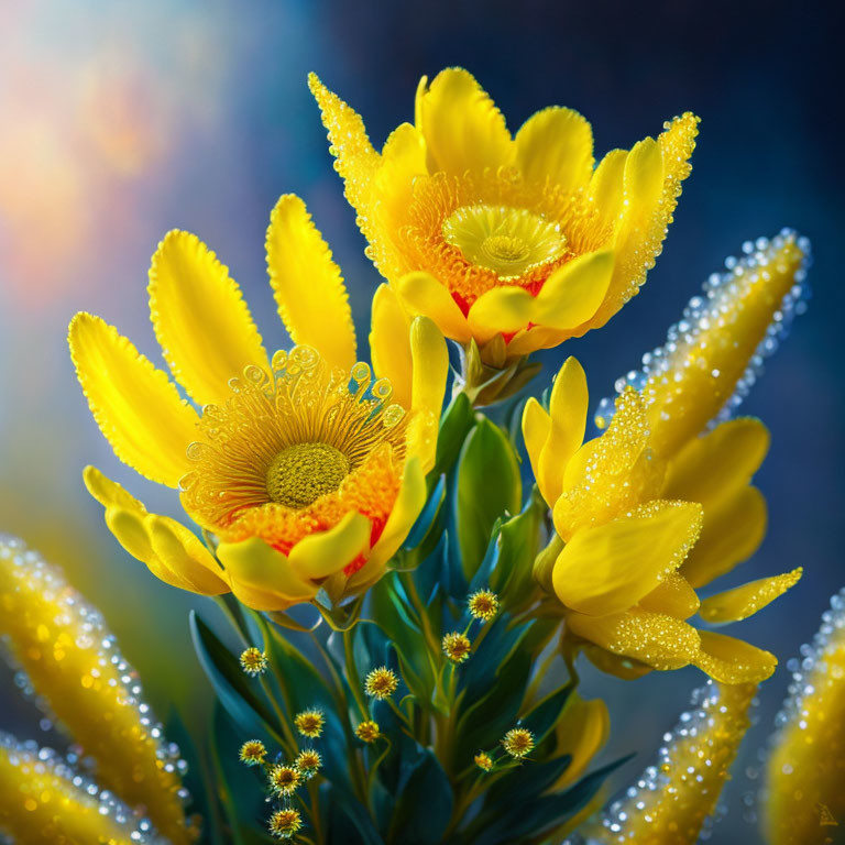 Bright Yellow Flowers with Dewdrops on Petals and Green Foliage on Soft Bokeh Background