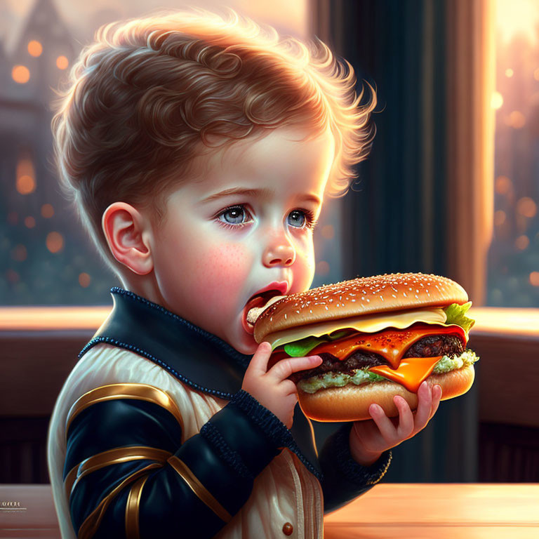 Young child eating burger with cityscape view in background