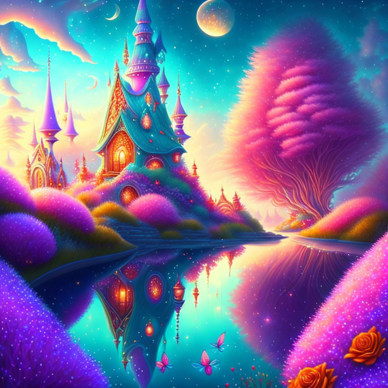 Colorful Castle Beside Reflective Lake in Fantasy Landscape