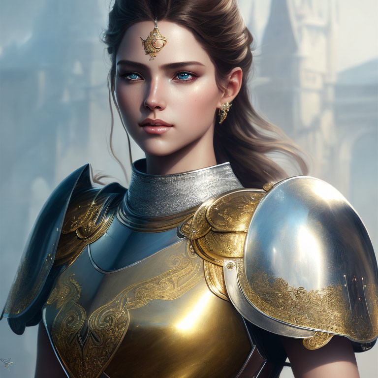 Digital Artwork: Young Woman in Golden Armor with Blue Eyes