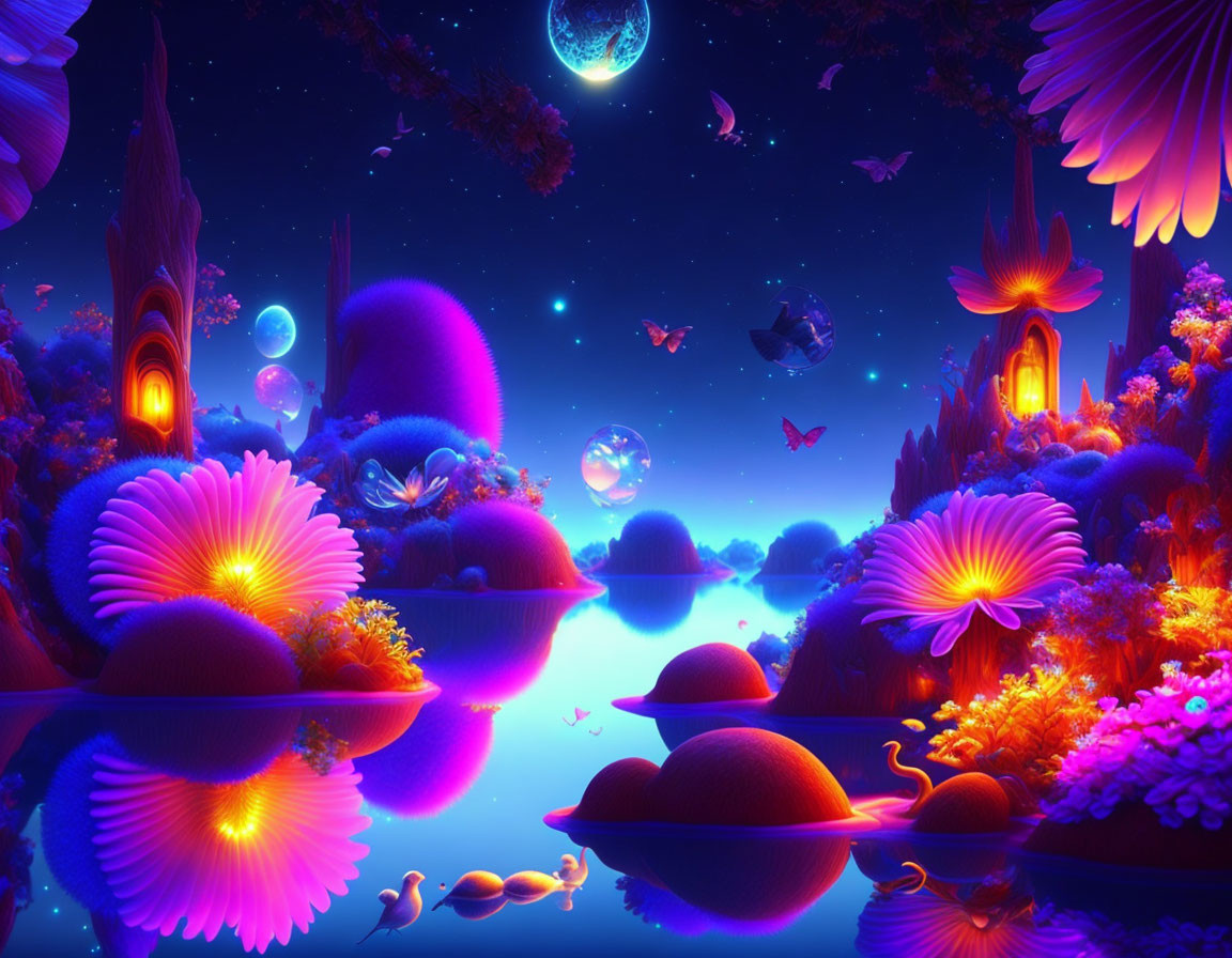 Luminous flora and fauna in surreal night scene with reflective water and distant planet