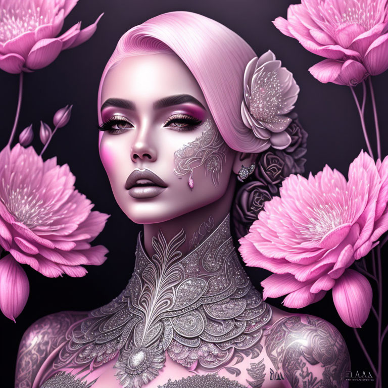 Detailed illustration of woman with pink hair wrap, facial tattoos, and pink flowers in monochromatic palette