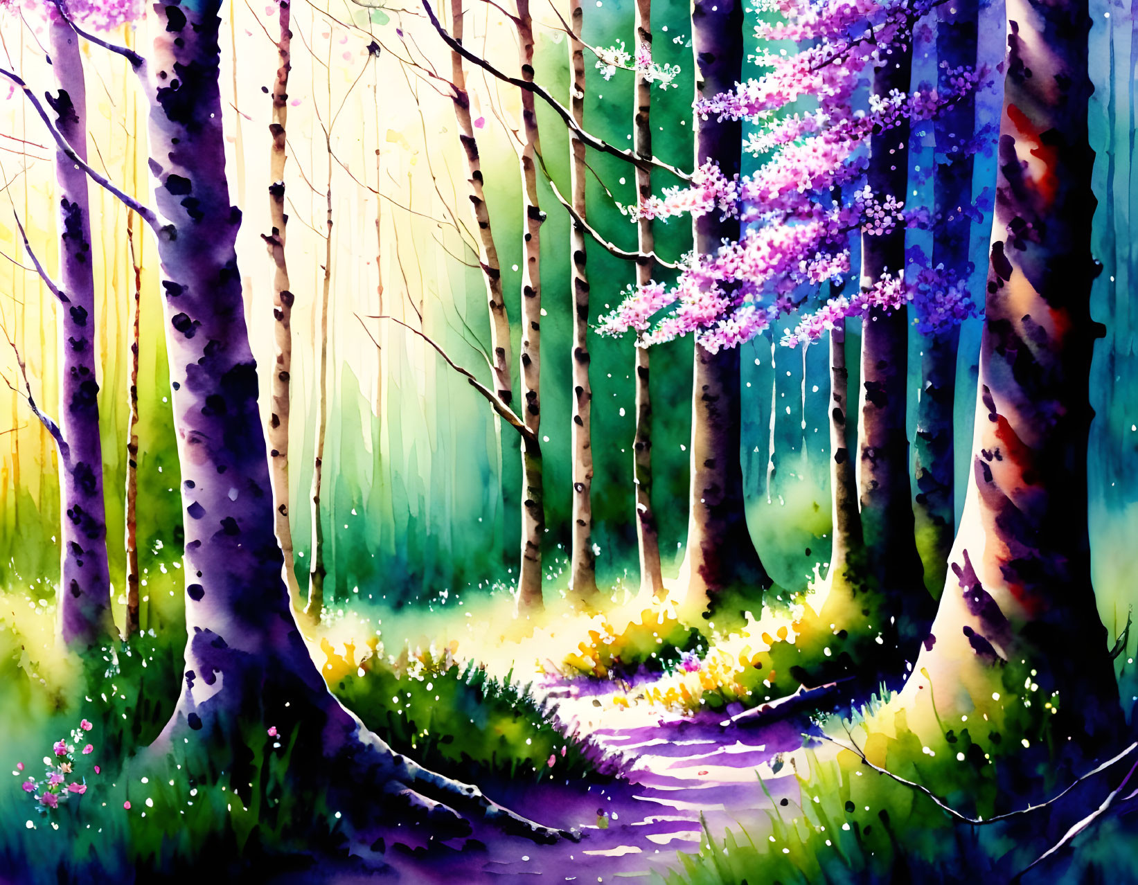 Forest Path Watercolor Painting with Purple Flowers and Sunlight