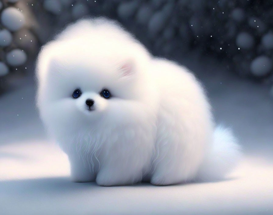 White Cartoon Puppy with Blue Eyes in Snowy Scene