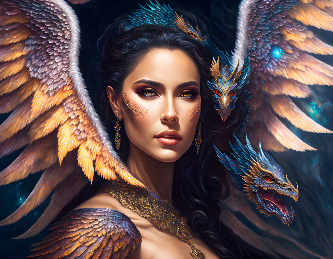 Illustrated woman with angelic wings and dragon companion in mystical scene