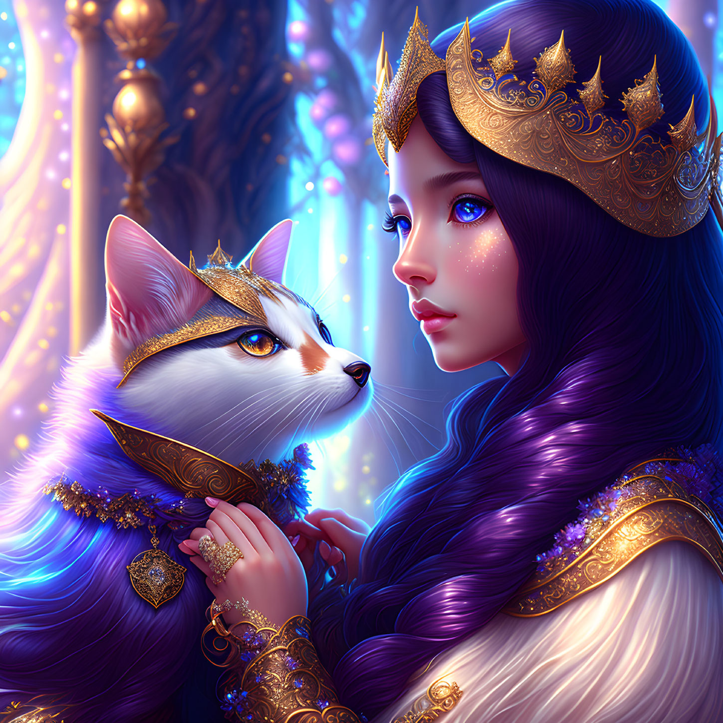 Regal woman with purple hair and cat in golden crowns against magical backdrop