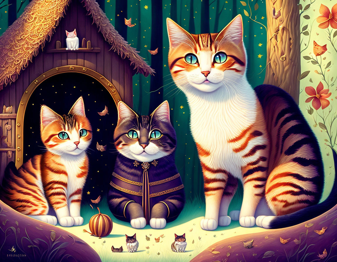 Three stylized cartoon cats with striking patterns and big eyes in a whimsical outdoor nighttime setting, surrounded