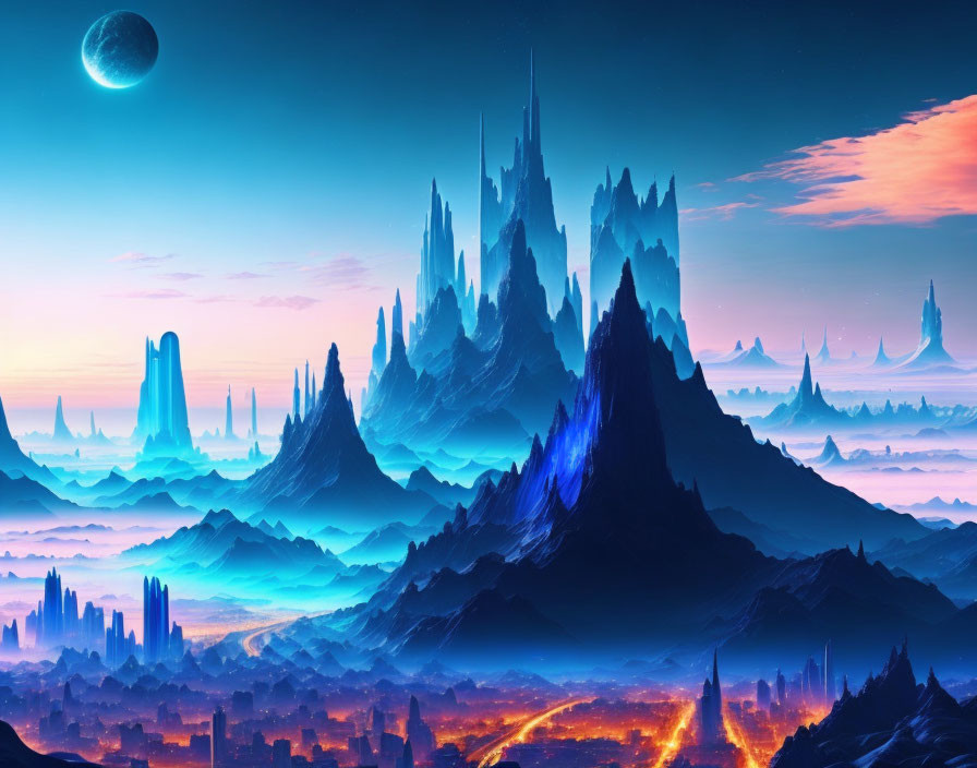 Futuristic cityscape with crystalline towers, blue glow, moon, and orange road