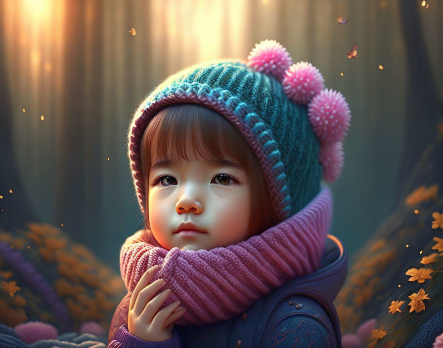 Child in teal hat and pink pompoms in autumn scene with falling leaves