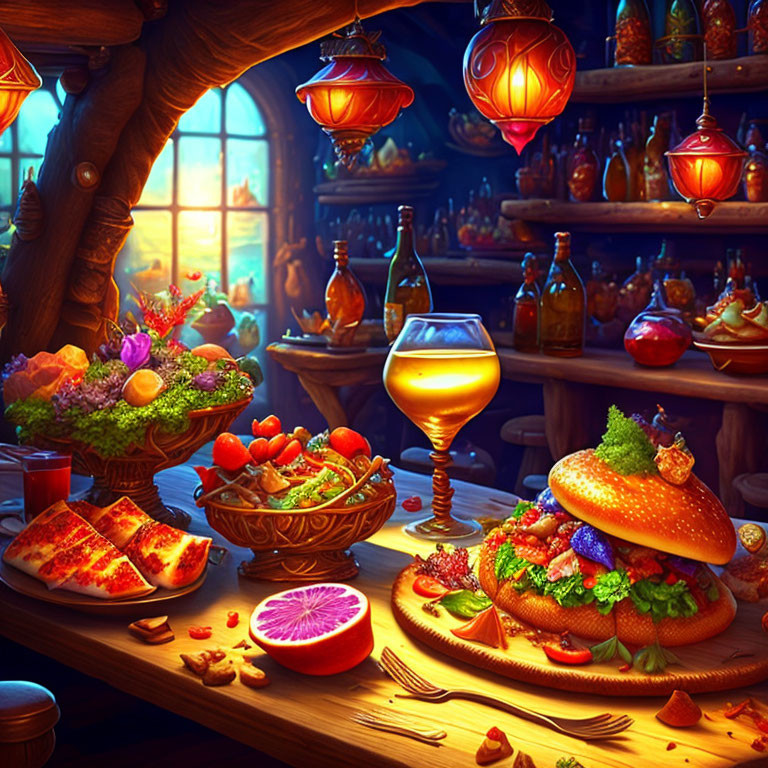 Fantasy tavern interior with feast on wooden table