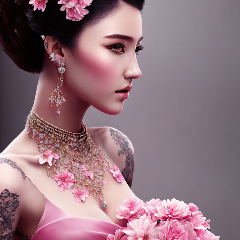 Portrait of woman with floral hair, jewelry, tattoos, pink flowers on grey background