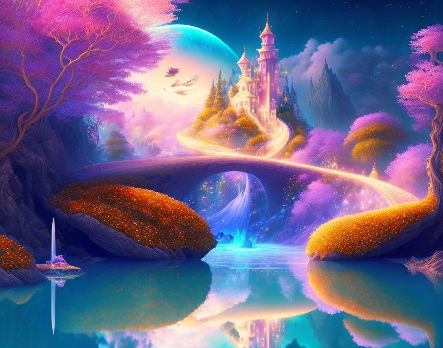 Vibrant pink and purple castle in fantastical landscape with glowing planet