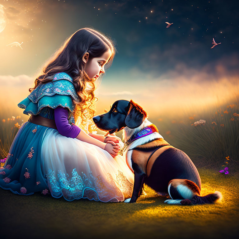 Young girl and dog holding paws in whimsical meadow at twilight