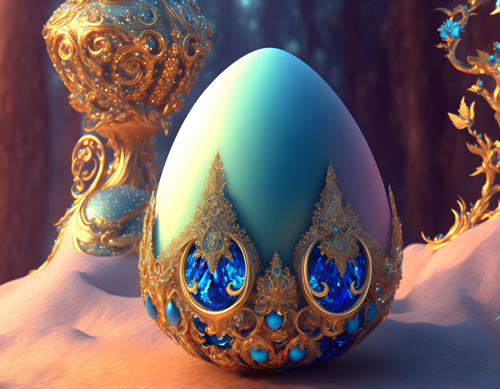 Intricate gold and blue decorated egg on wooden surface