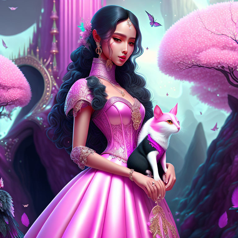 Digital artwork of woman in pink gown with white cat in fantasy landscape