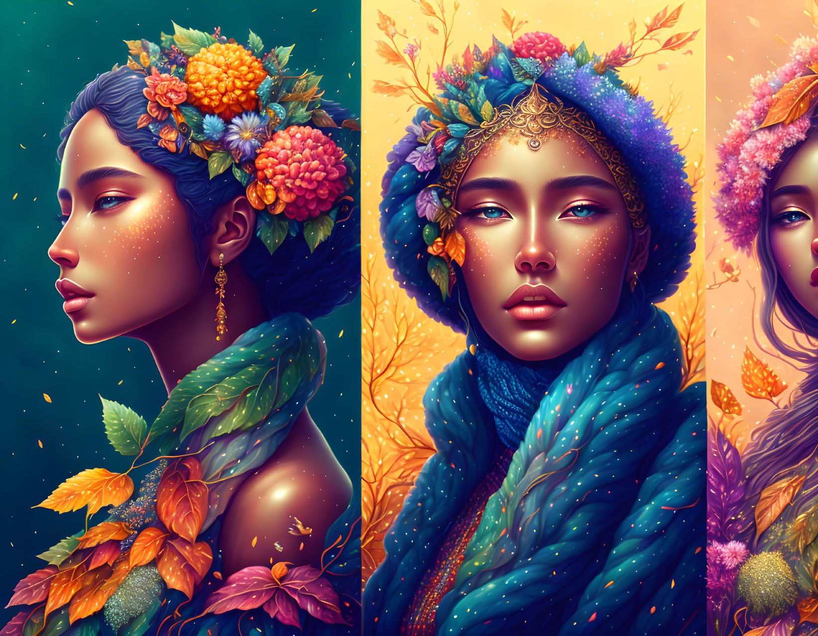 Dual-profile digital artwork: Woman symbolizing autumn and winter with seasonal flora and intricate patterns.