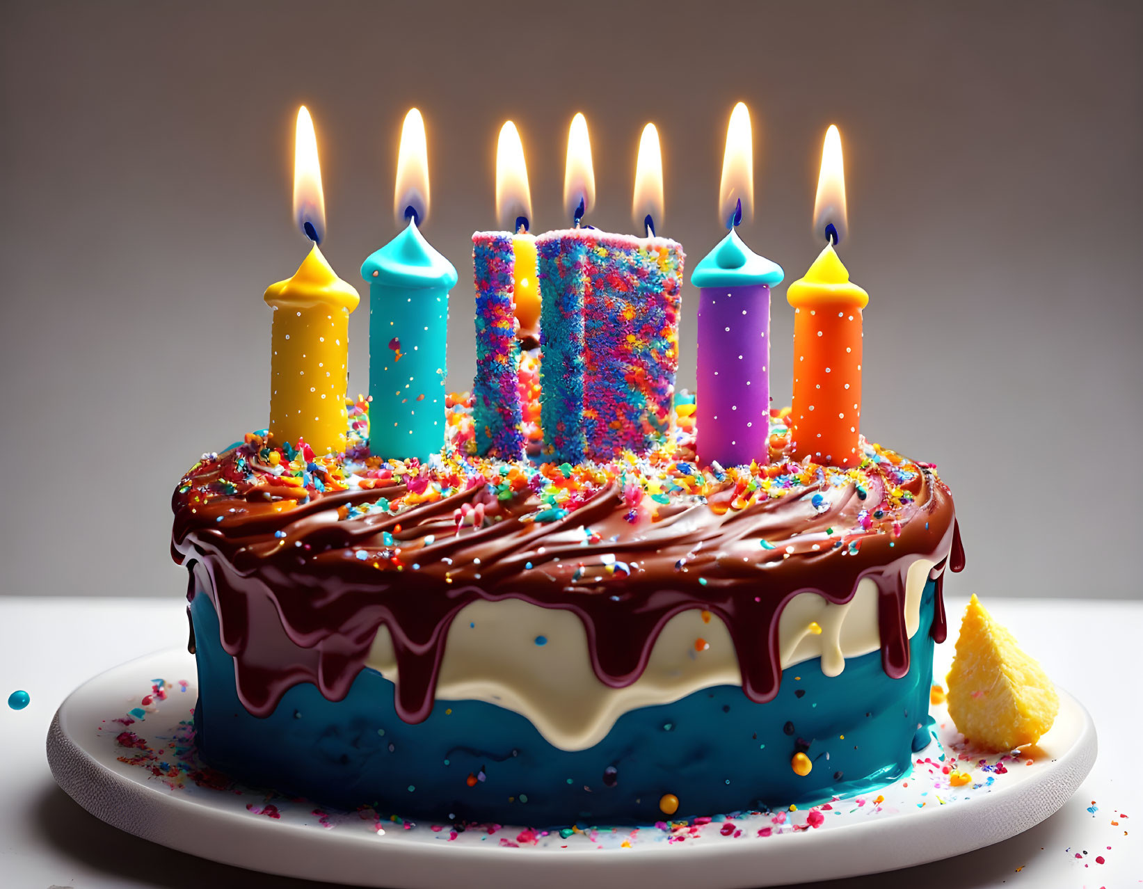 Colorful Birthday Cake with Chocolate Drip, Lit Candles, and Sprinkles